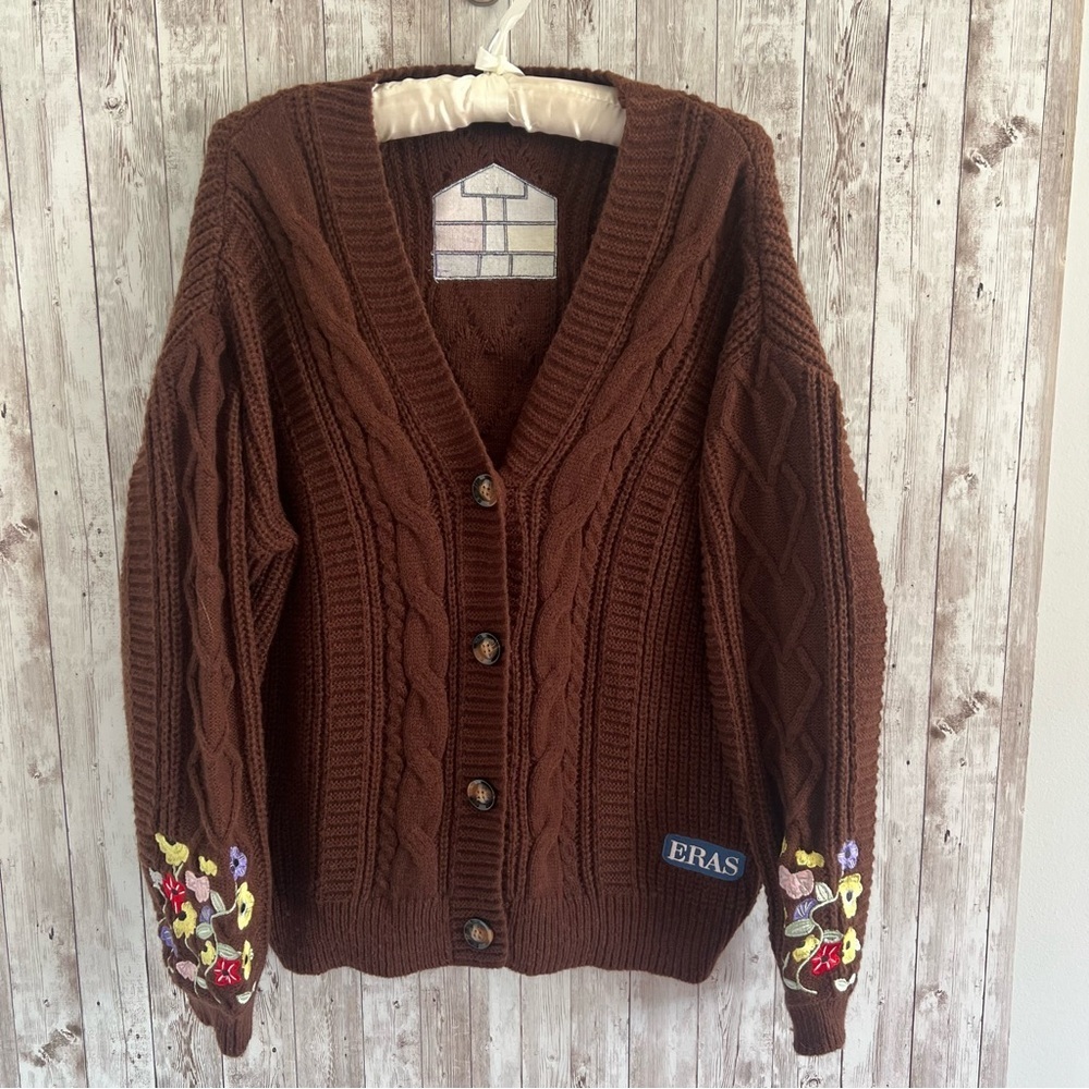 Eras Taylor Swift Inspired Brown Cable Knit Cardigan Floral Embroidered
